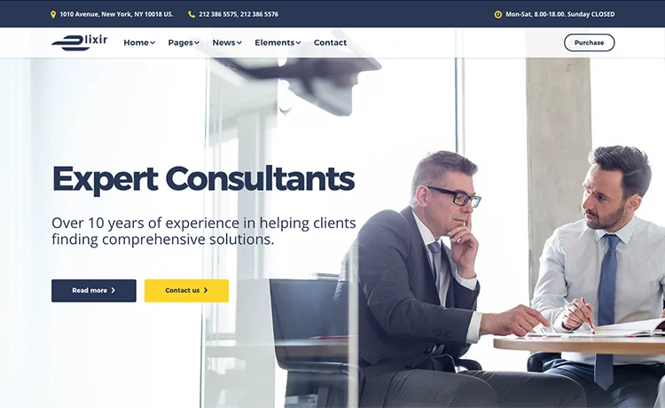 Elixir consulting website hero and navigation